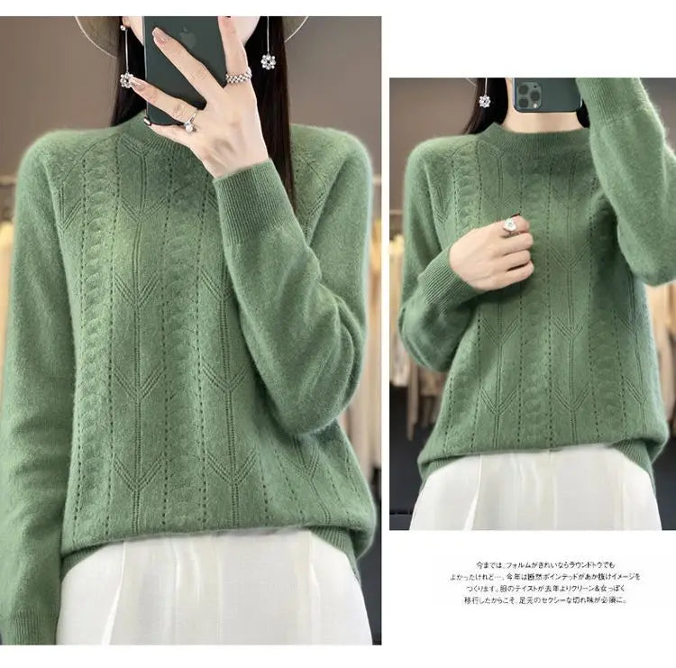 Women Stylish Simple Hollow Soft Cashmere Basic Knitted Sweater Solid O Neck Long Sleeve Loose