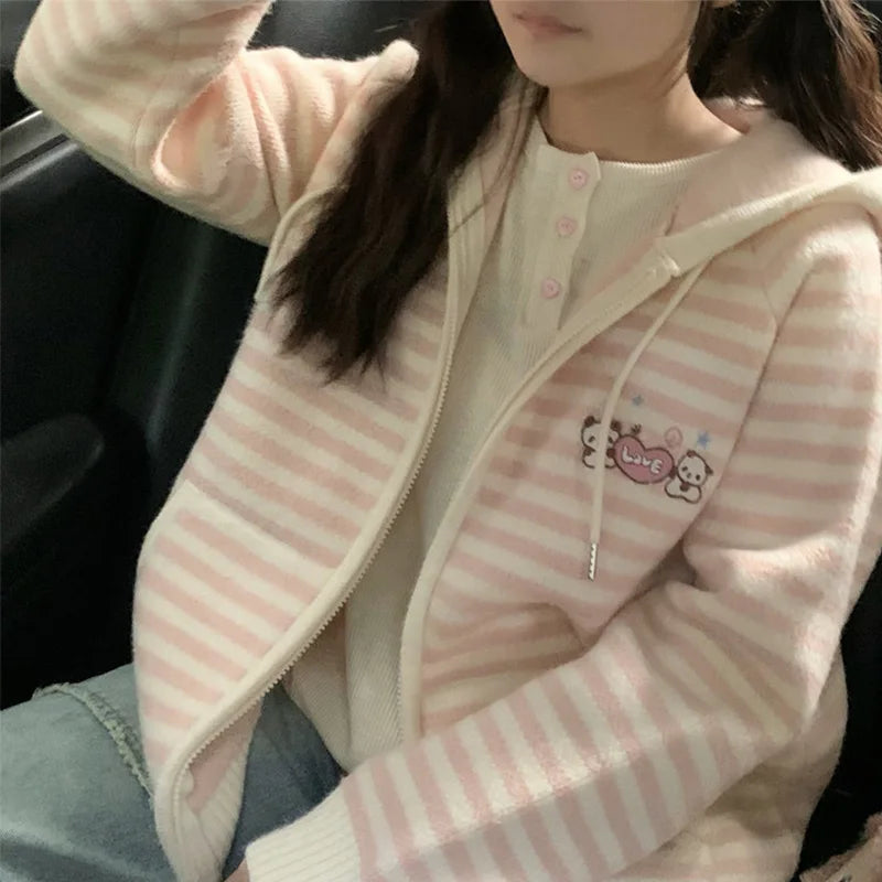 Zoete gemengde kleuren gestreepte cardigan voor dames, herfst/winter, schattige cartoonberen