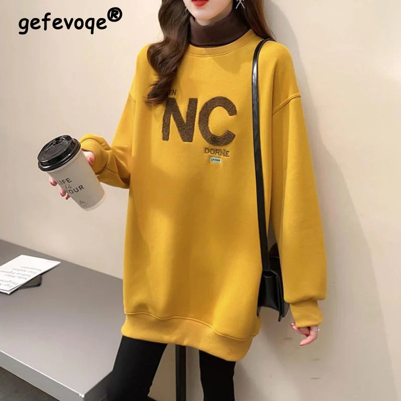 Autumn Winter High Collar Long Sleeve Fleece Thick Oversize Streetwear Female Sweatshirt Fake 2