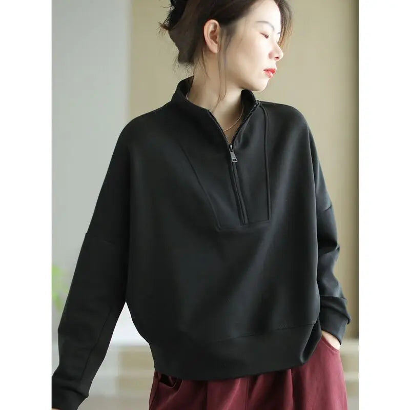 Fashionable and Casual Stand up Collar Sweatshirt Women in Spring and Autumn Loose Semi zipper