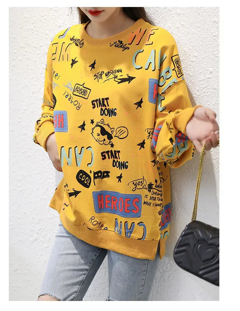 Classic Fashion Printing Letter Sweatshirts Women Long Sleeve Loose O collar Slim Casual All match