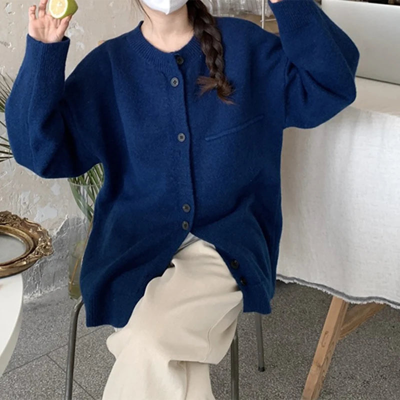 Single Breasted Knitted Cardigan for Women Loose Crew Neck Long Sleeve