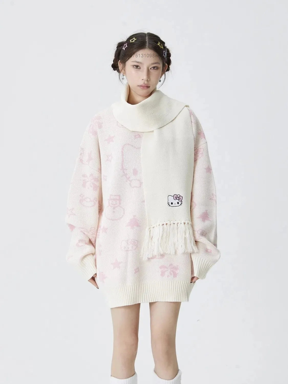 Kerst Hello Kitty schattige gebreide trui met sjaal voor vrouwen Y2k