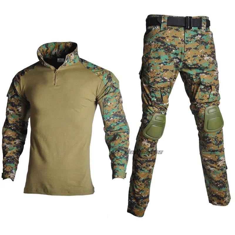 Tactical Camouflage Uniform Clothes Mens Outdoor Paintball Hunting Combat Shirt + Pants with Knee