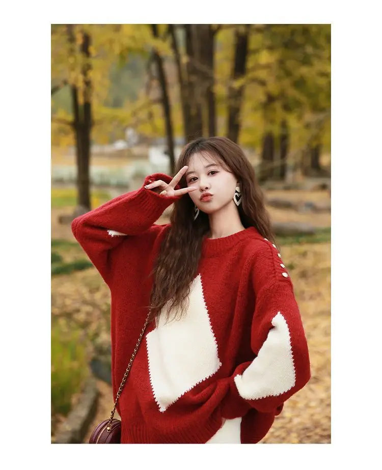 Kerstrode losse trui voor dames, herfst- en wintermode, gebreide top, dik