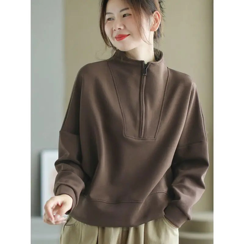 Fashionable and Casual Stand up Collar Sweatshirt Women in Spring and Autumn Loose Semi zipper