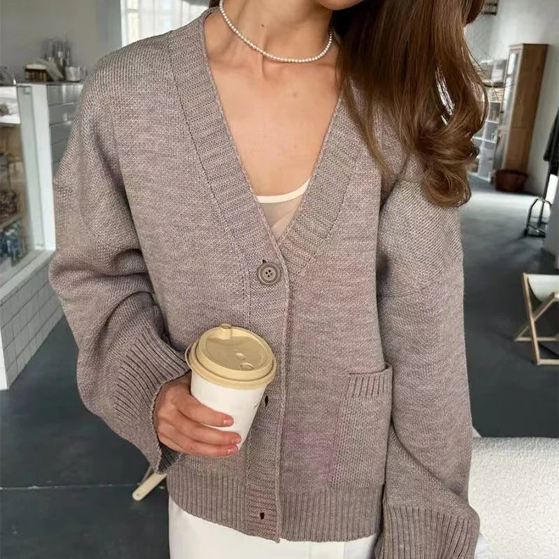 Gele gebreide single-breasted cardigan voor dames, lente/herfst, losse V-hals