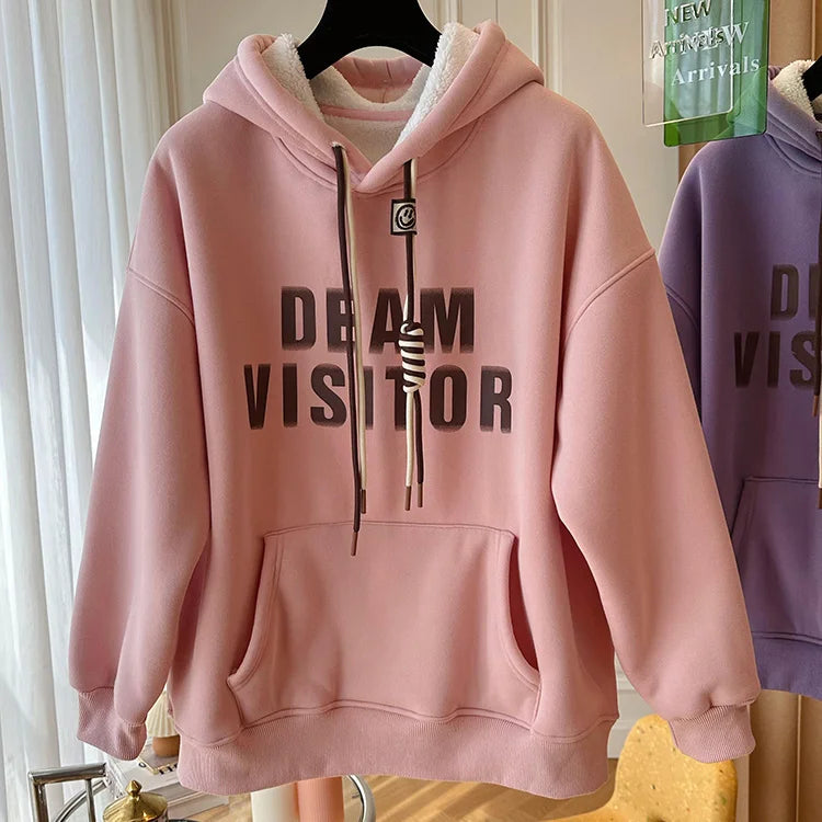 Loose Casual Letter Print Hooded Hoodies Sweatshirts Autumn Winter Thick Long