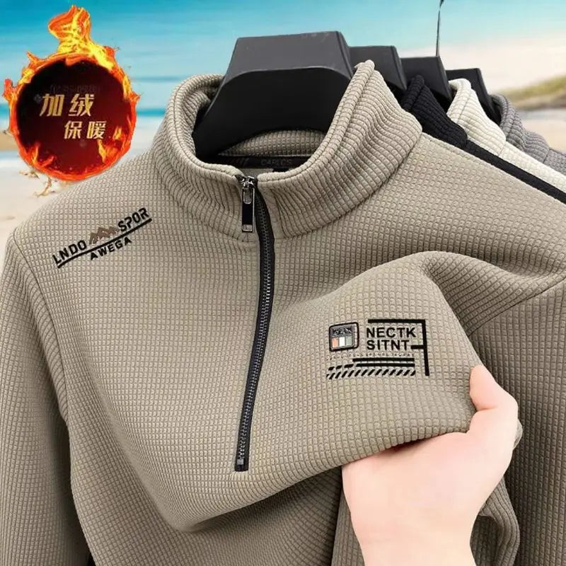 Men s Fleece Liner Sweatshirts Vintage Half Zipper Print Plaid Texture Thick Wool Warm Pullover