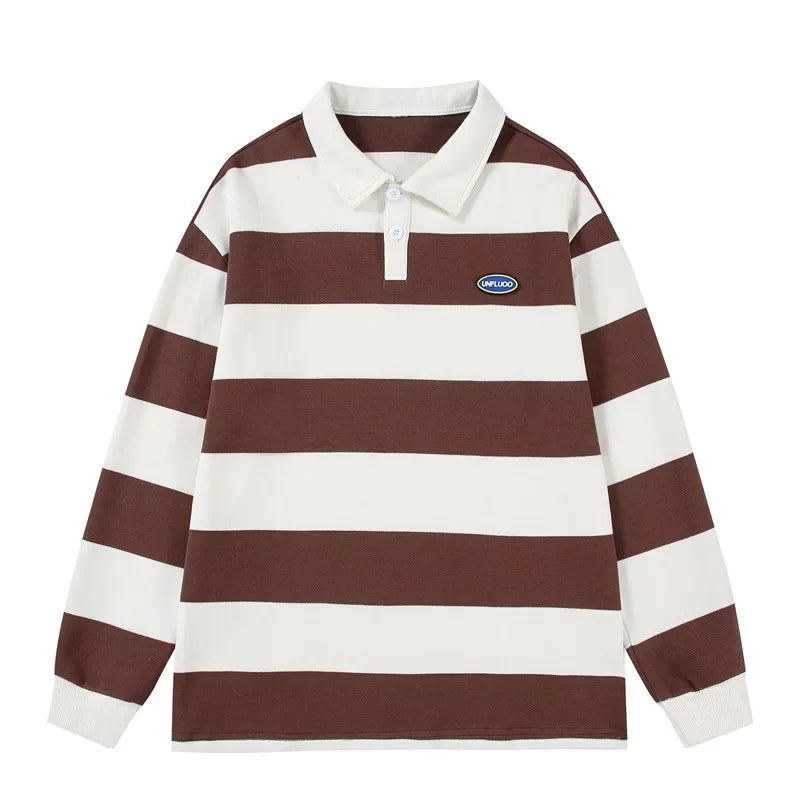 Loose Unisex Spring Autumn Trendy Striped Sweatshirt Cotton Polyester Material Couple Hong Kong