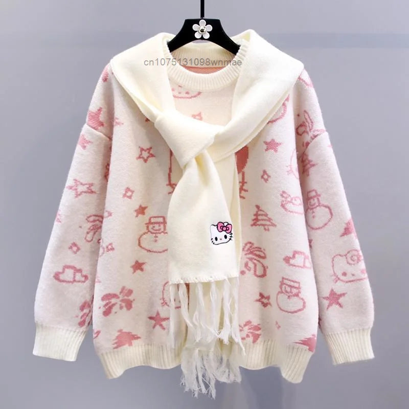 Kerst Hello Kitty schattige gebreide trui met sjaal voor vrouwen Y2k