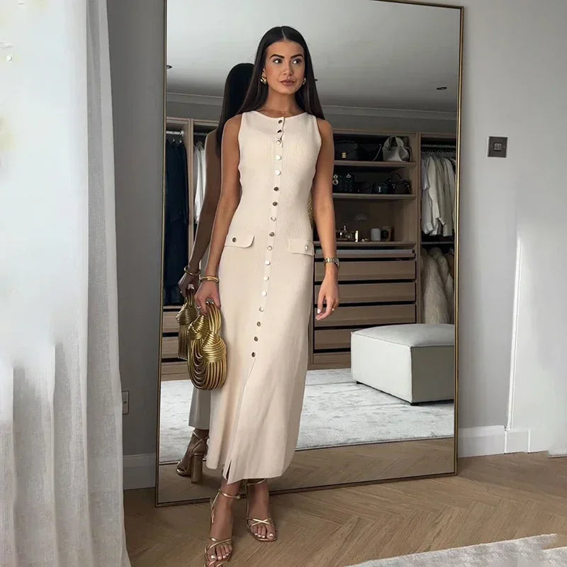 Elegante mouwloze enkelrijs geribbelde truien lange jurk voor dames hoog