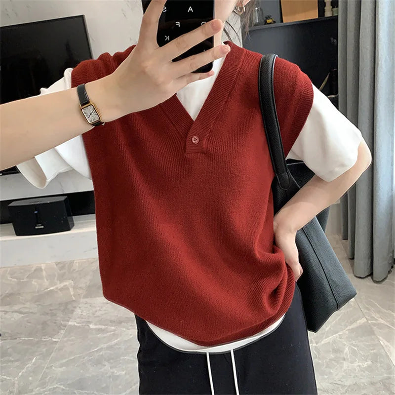 Casual Sleeveless Knitted Vest for Women Button V Neck Sweater Vest Woman Autumn