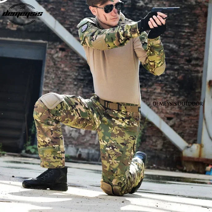 Woodland Camouflage Uniform Tactical Combat Suit Airsoft War Game Clothing Shirt + Pants Elbow