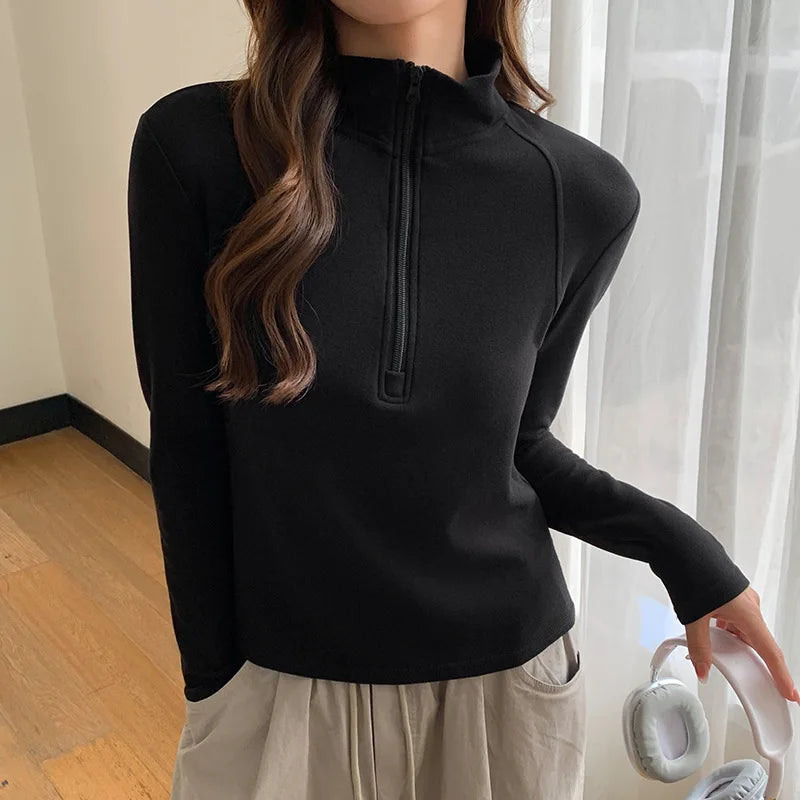 Herfst Winter Fleece Warme Sweatshirts Dames Chique Halfhoge Kraag Truien