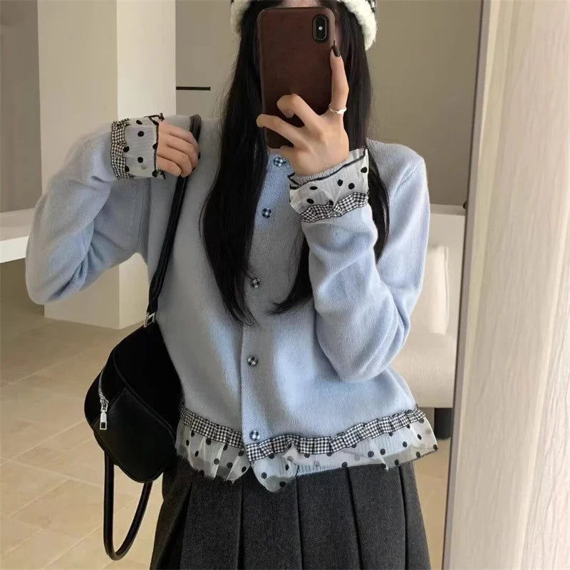 Koreaanse patchwork gebreide cardigan dames polka dot lange mouwen trui jassen