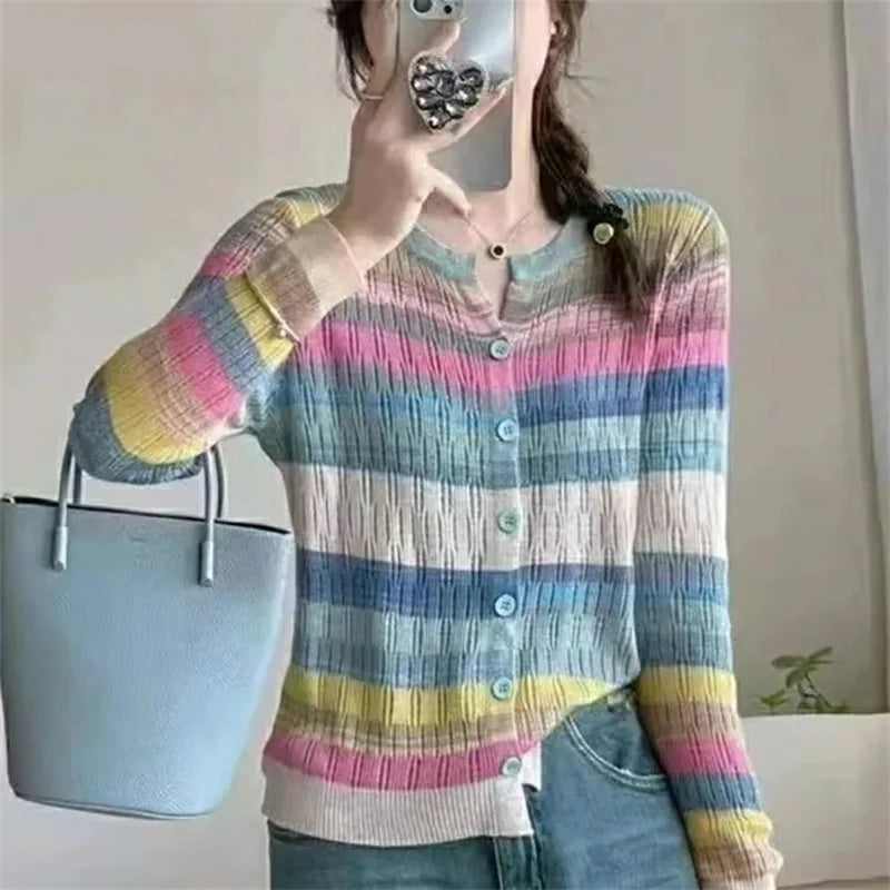 Herfst Dames Trui Koreaans Kort Mode Stikwerk gestreept Breiwerk Cardigan