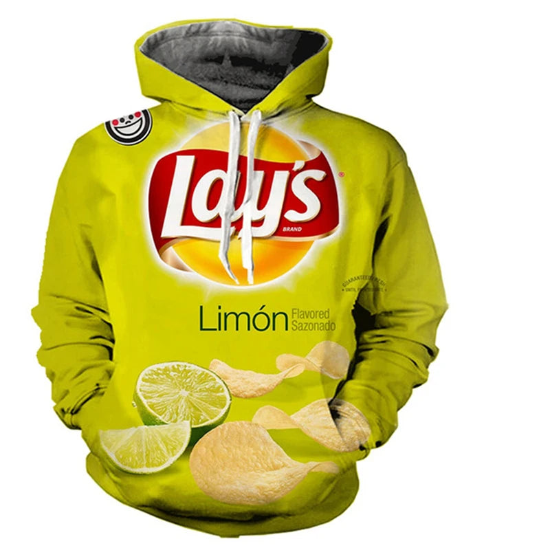 Snacks Funny Hoodies Men Fashion Potato Chips 3D Printed Long Sleeve Sweatshirts Women Casual