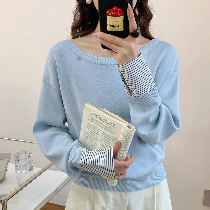 Полосатый свитер с плетением для женщин, модный свитер с открытыми плечами на весну и осень