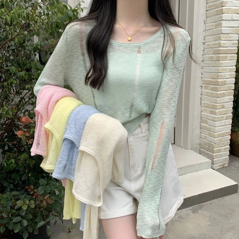 Lente Zomer Lange Mouw Ronde Hals Dames Trui Effen Kleur T-shirt Dun