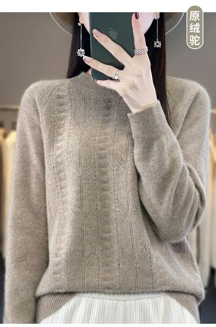 Women Stylish Simple Hollow Soft Cashmere Basic Knitted Sweater Solid O Neck Long Sleeve Loose