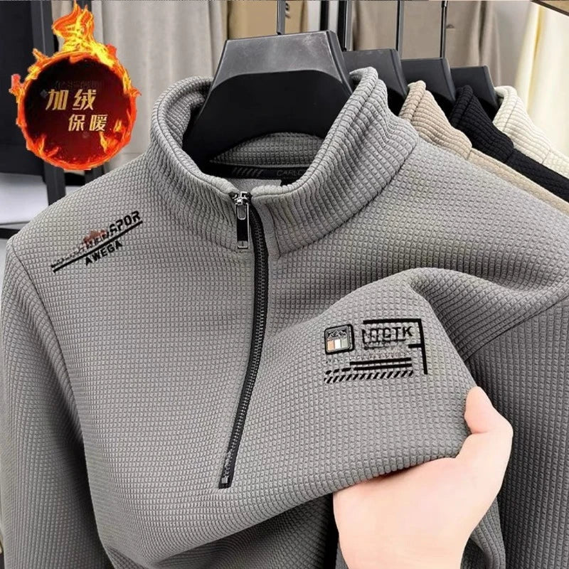 Men s Fleece Liner Sweatshirts Vintage Half Zipper Print Plaid Texture Thick Wool Warm Pullover