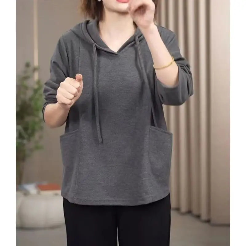 Large Pocket Meat covering Hooded Sweatshirt Women s Spring and Autumn Style Loose Hips Wear Tops