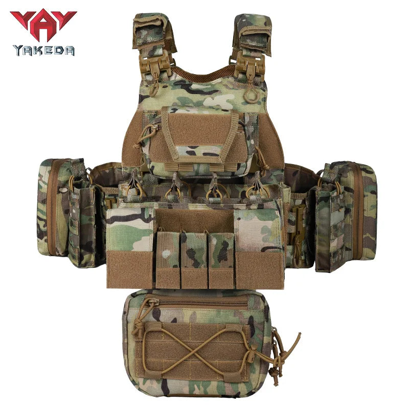 8832yakeda tactical vest is equipped with multiple accessory packs and an expandable Molle system