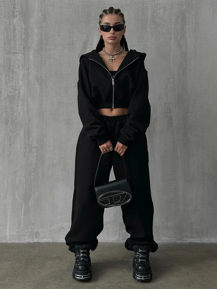 Bornladies Dames Cropped Hoodie Sweatpants Set Losse Trekkoord Taille Ritssluiting