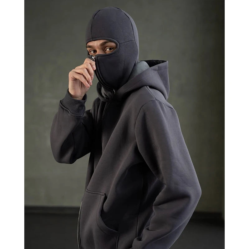 Men s Double Hat Mask Zipper Design Winter Windproof Hoodie Sports Jacket