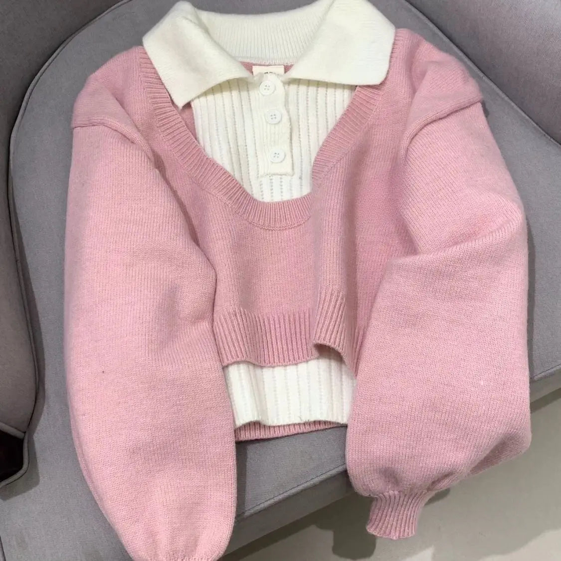 College Style Polo Collar Two piece Sweater Lazy and Sweet Knit Sweater Top Korean Blue