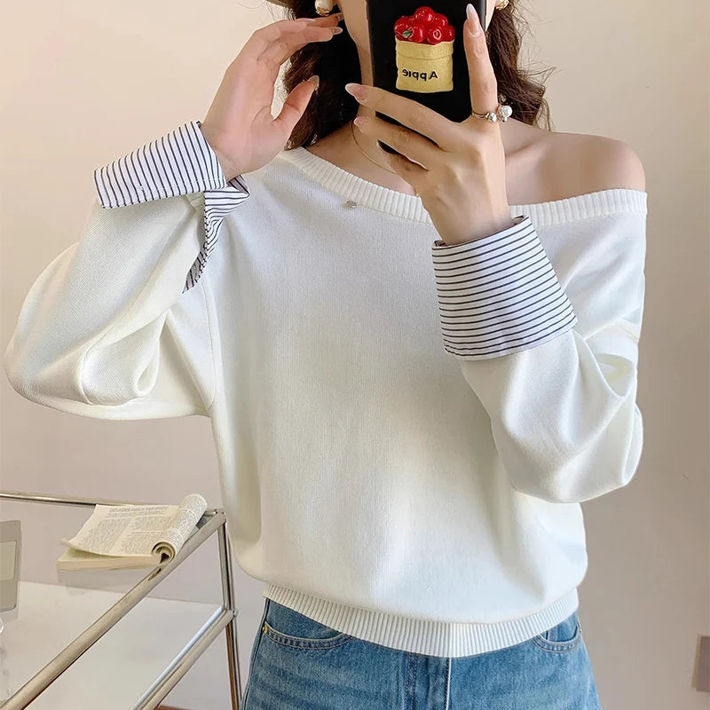 Полосатый свитер с плетением для женщин, модный свитер с открытыми плечами на весну и осень