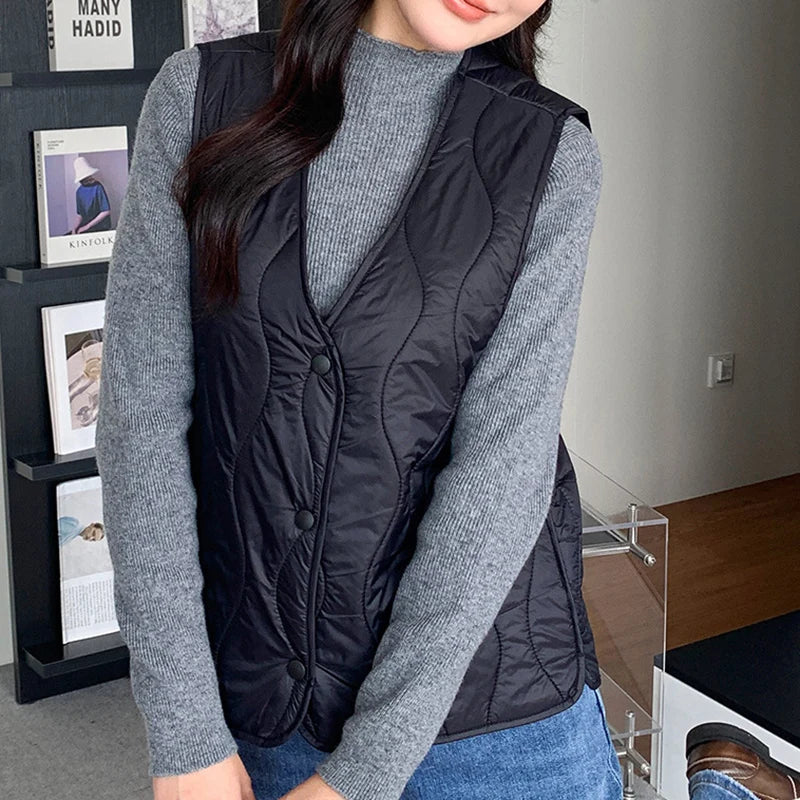 Lichtgewicht katoenen vestjas voor dames, Koreaanse V-hals, warm, mouwloos