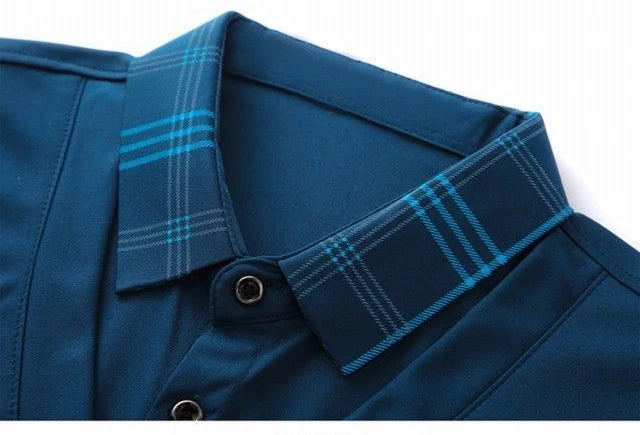 Spring Long Sleeve Polo Men s T shirt Turn down Collar Loose Solid Plaid Fashion