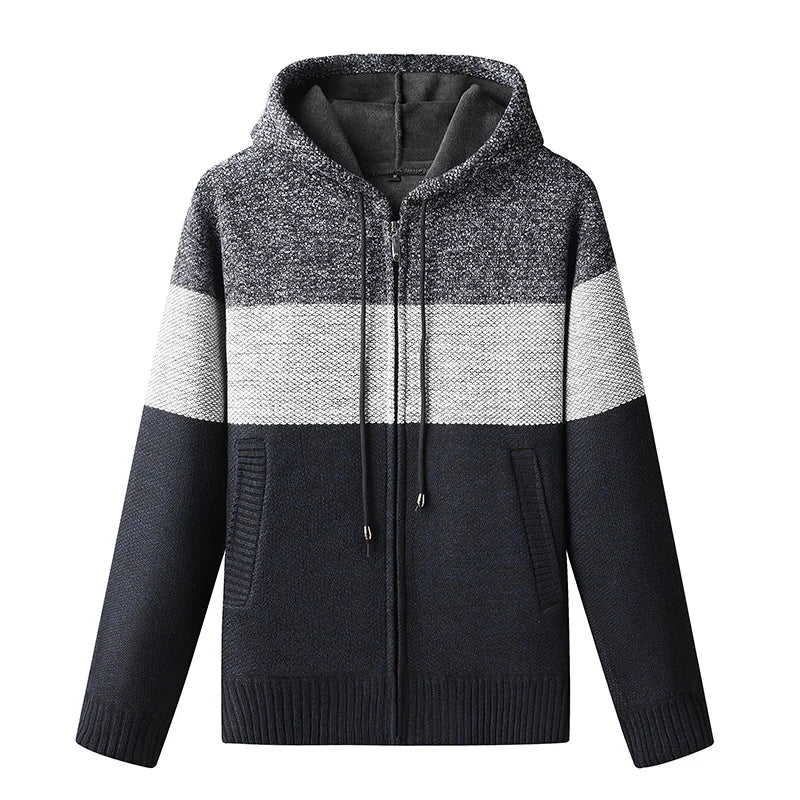 Men s Casual High Neck Long Sleeve Knitted Hoodie Coat Velvet Warmth Autumn Winter Fashion Multi