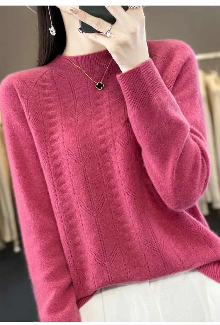 Women Stylish Simple Hollow Soft Cashmere Basic Knitted Sweater Solid O Neck Long Sleeve Loose
