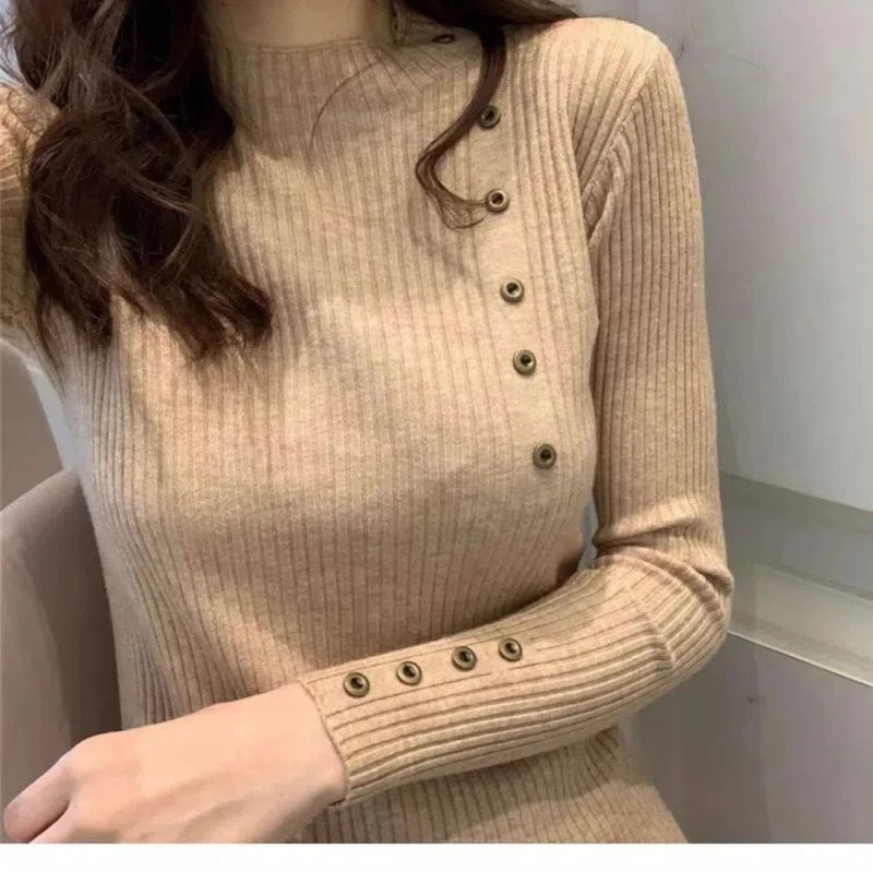 Весна-Осень Женская Одежда Однотонный Пуловер На Пуговицах Вязаный Свитер