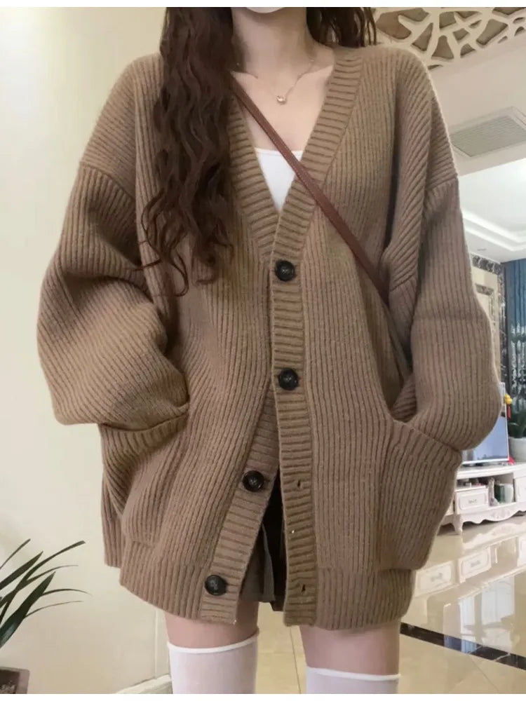 Grijze gebreide vesten voor dames, herfst/winter, dikke, warme, losse truien