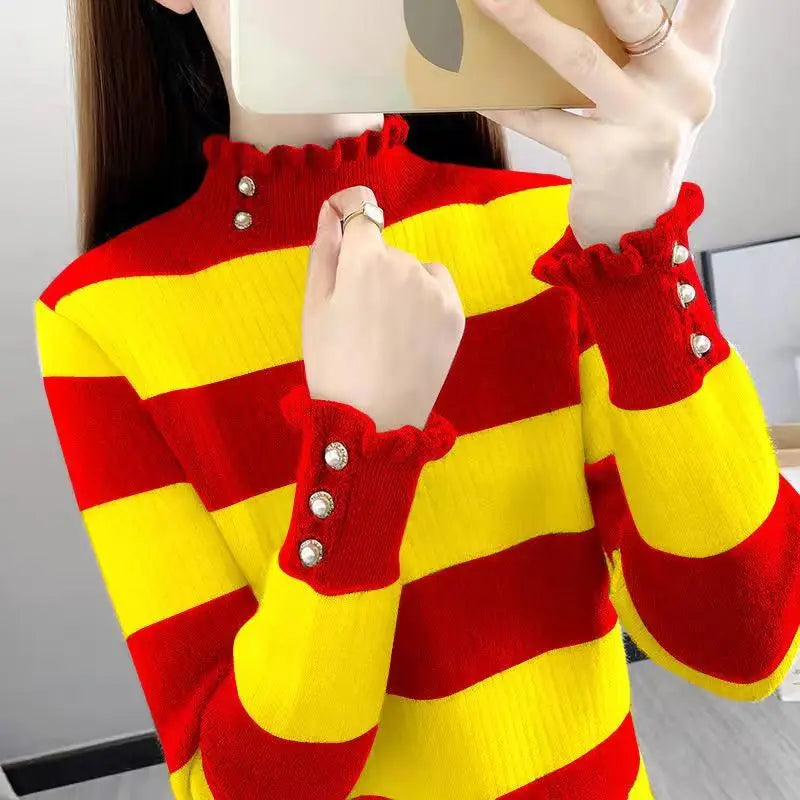 Herfst Winter Contrasterende Kleur Halfhoge Kraag Gestreepte Knoop Lange Mouw