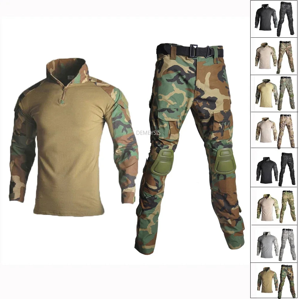 Woodland Camouflage Uniform Tactical Combat Suit Airsoft War Game Clothing Shirt + Pants Elbow