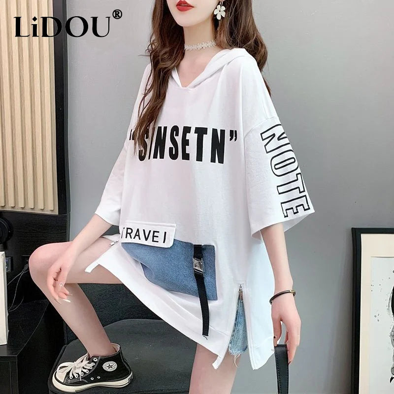 Zomer Harajuku Y2K Hooded Schouder Mouw V-hals T-shirts Dames Mode Letter