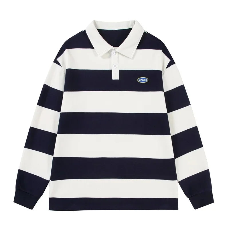 Loose Unisex Spring Autumn Trendy Striped Sweatshirt Cotton Polyester Material Couple Hong Kong