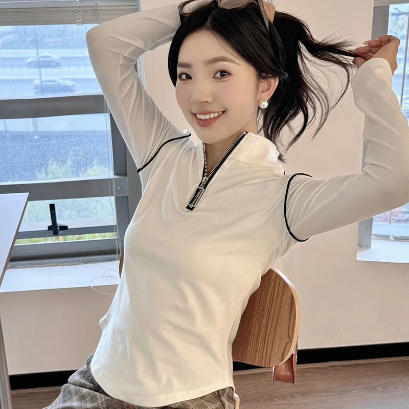 Koreaanse ritsen lange mouwen T-shirt voor vrouwen staande kraag slim fit trui vrouw