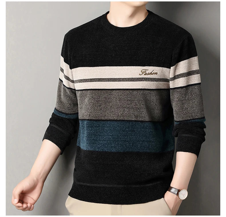 Mens Chenille Sweaters Fashion Knitting Pullover Striped Men s Autumn Winter Top Clothes Round