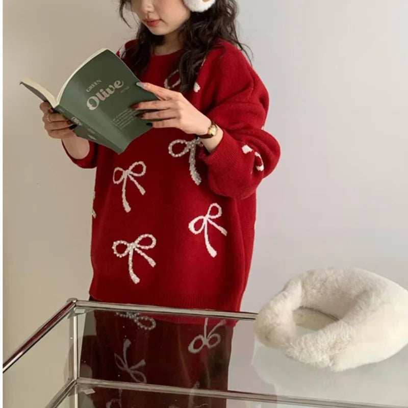 Mode strik genagelde kralen ronde hals trui voor dames in de herfst en winter Koreaanse losse