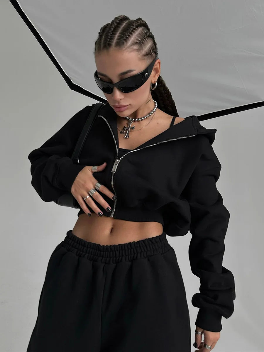 Bornladies Dames Cropped Hoodie Sweatpants Set Losse Trekkoord Taille Ritssluiting