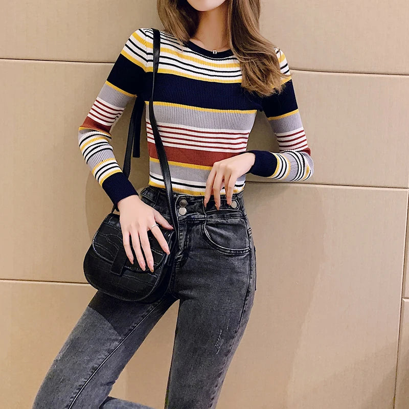 Autumn Winter Contrast Color Striped Sueters De Mujer Knitted Slim Long Sleeve