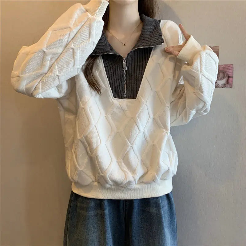 Driedimensionale sweatshirt met rits voor dames, herfst- en wintertop