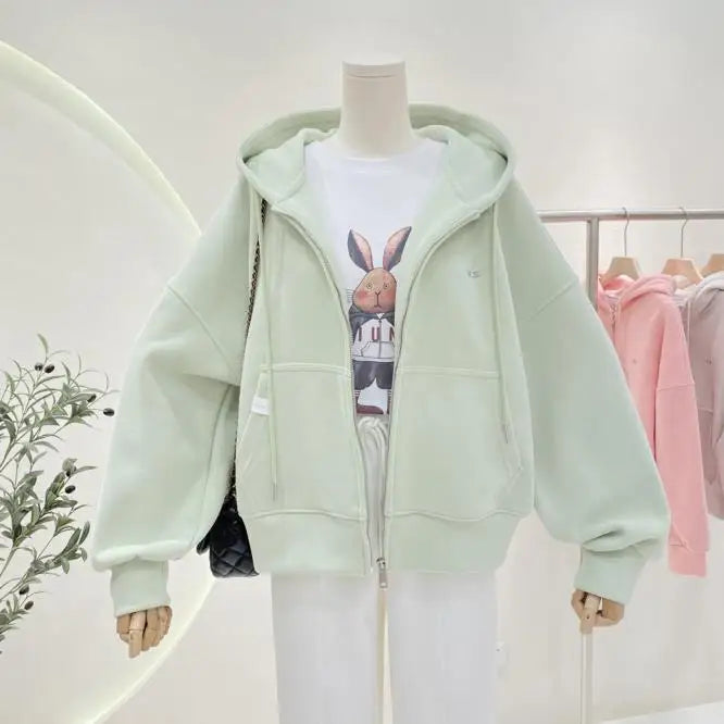 Ritsjack met capuchon, eenvoudig geborduurde letters, losse effen kleur, cardigan, trui, damestop