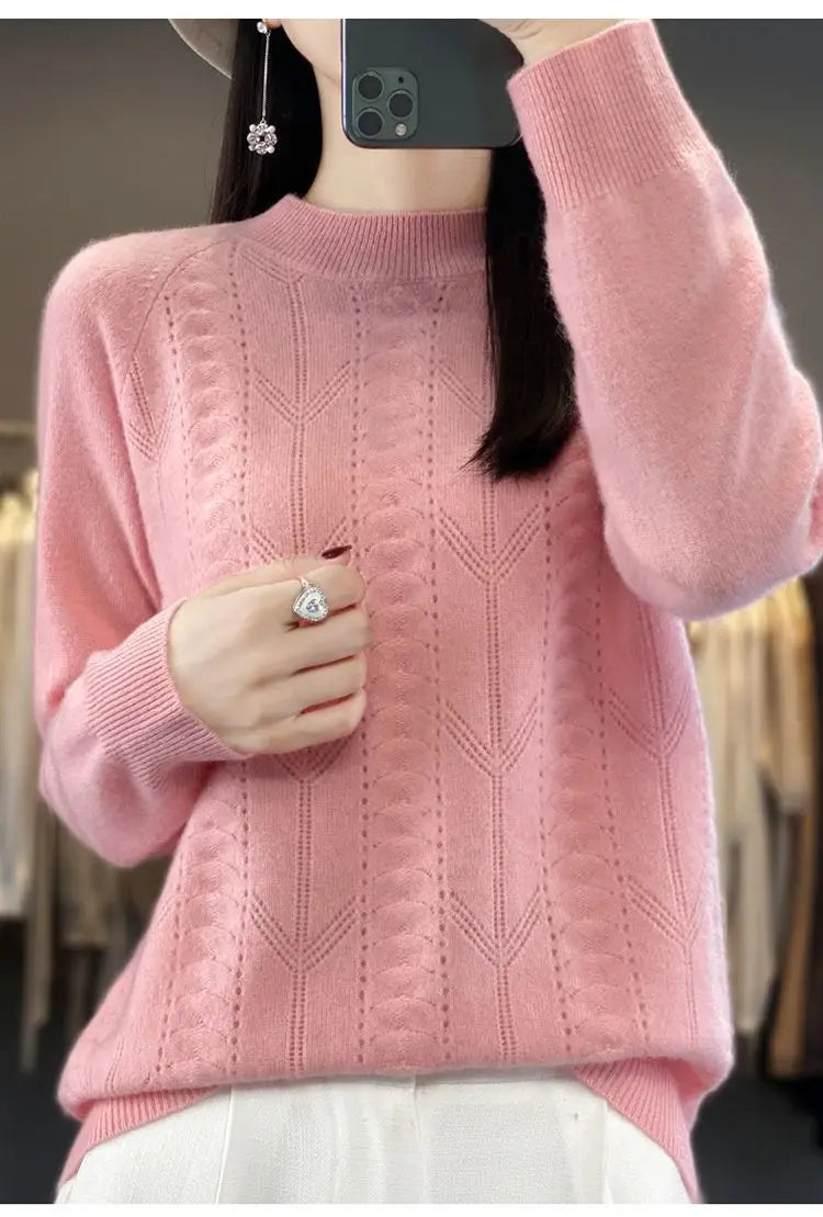 Women Stylish Simple Hollow Soft Cashmere Basic Knitted Sweater Solid O Neck Long Sleeve Loose